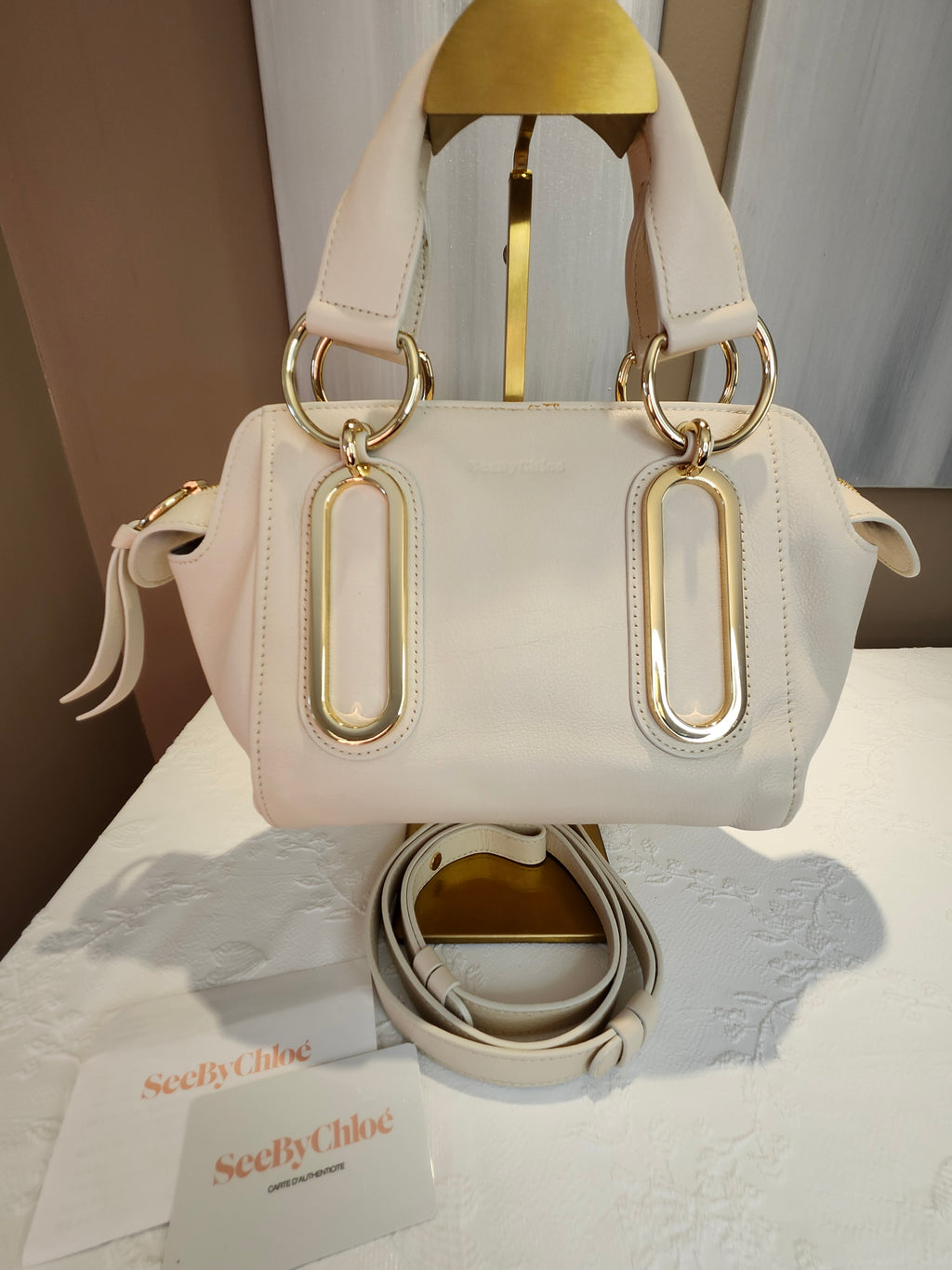 See by Chloé Paige Mini Leather 2-way Convertible Hand Bag in Cream