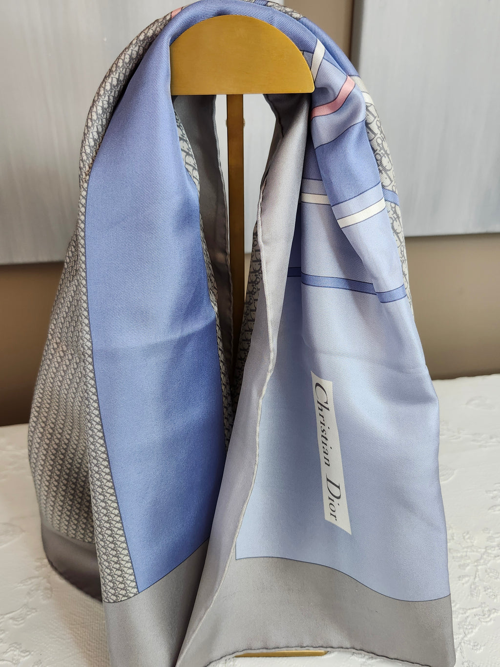 Christian Dior Trotter Geometric Silk Scarf in Blue, Grey, Coral and Grey