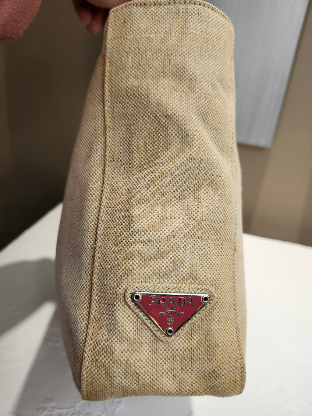 Prada Canvas Beige and Coral Small Tote Bag