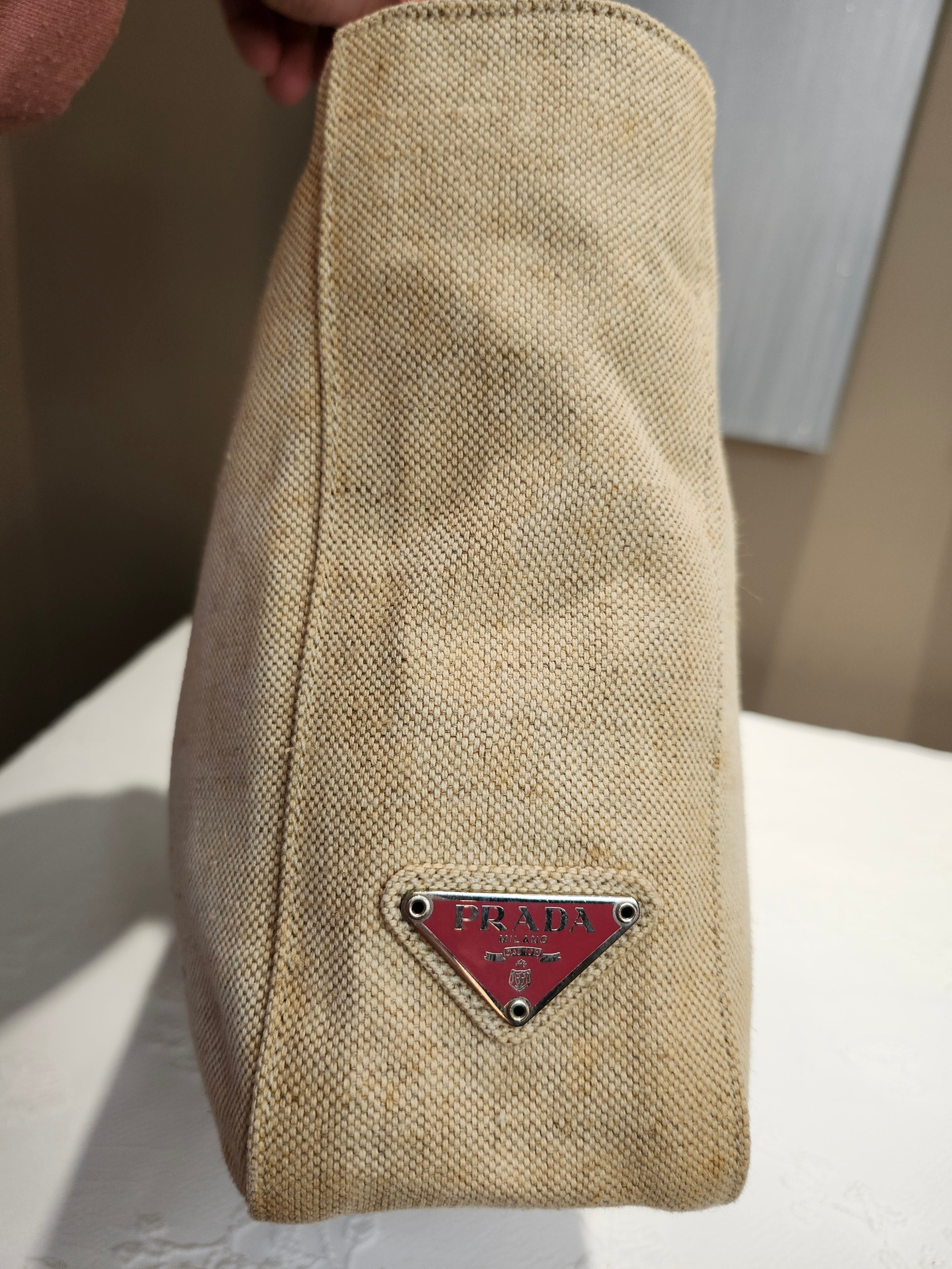Prada Canvas Beige and Coral Small Tote Bag