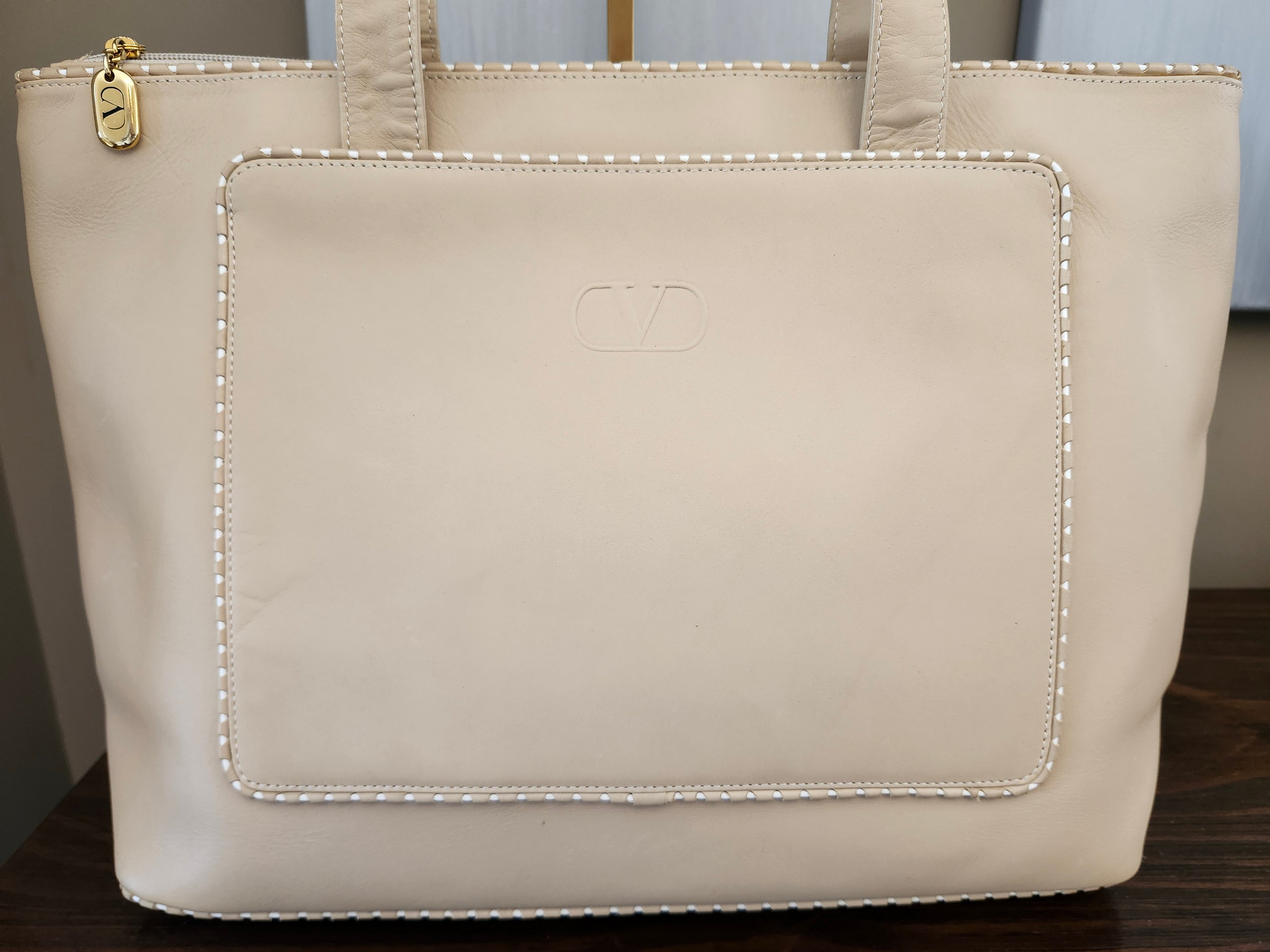Valentino Garavani Calfskin Leather Tote in Beige