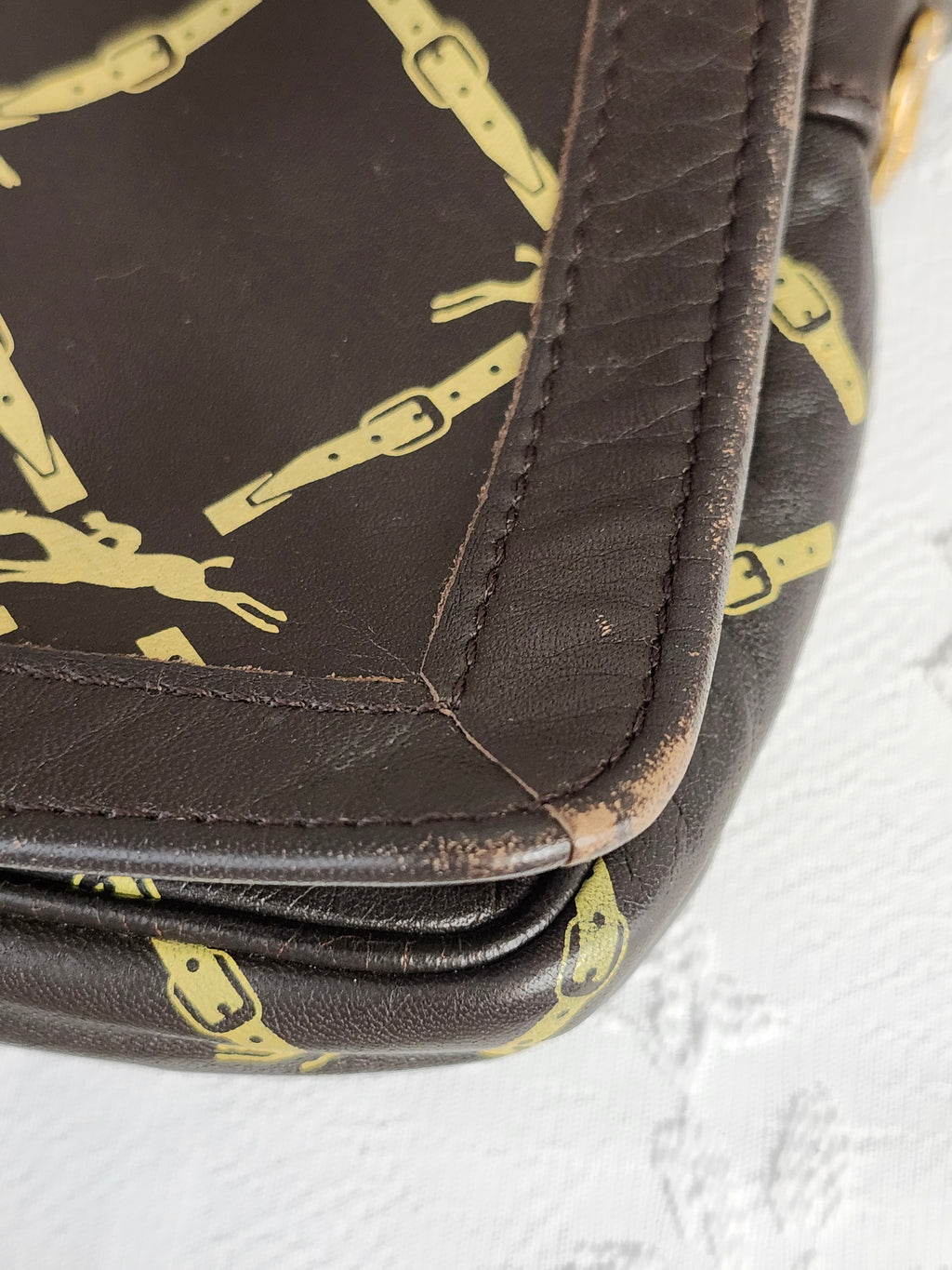 Longchamp Vintage Brown Leather Horse Bit Pattern Shoulder Bag