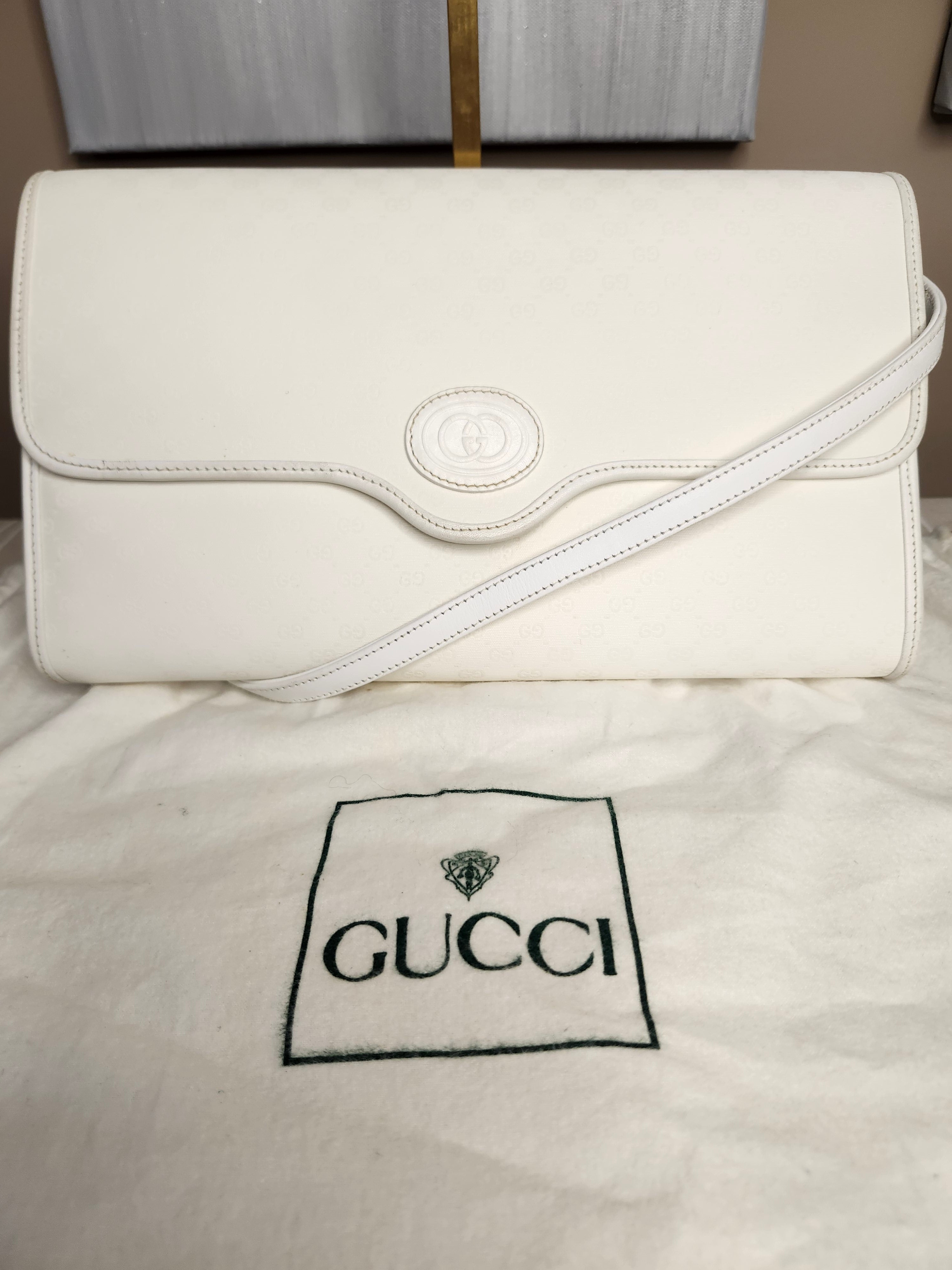 Gucci White Micro GG Leather 2 Way Women's (Clutch/Shoulder) Bag