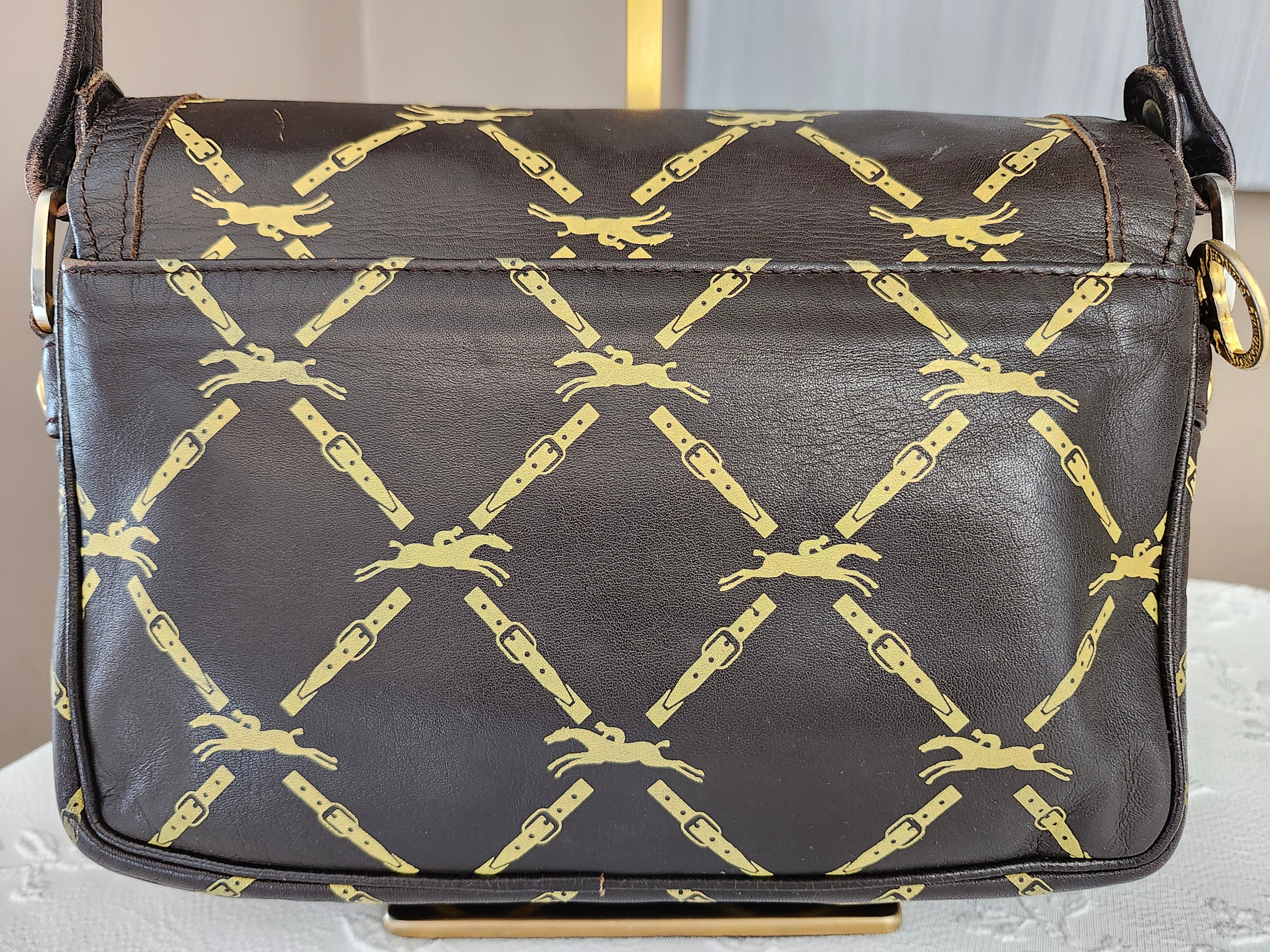 Longchamp Vintage Brown Leather Horse Bit Pattern Shoulder Bag