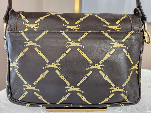 Longchamp Vintage Brown Leather Horse Bit Pattern Shoulder Bag