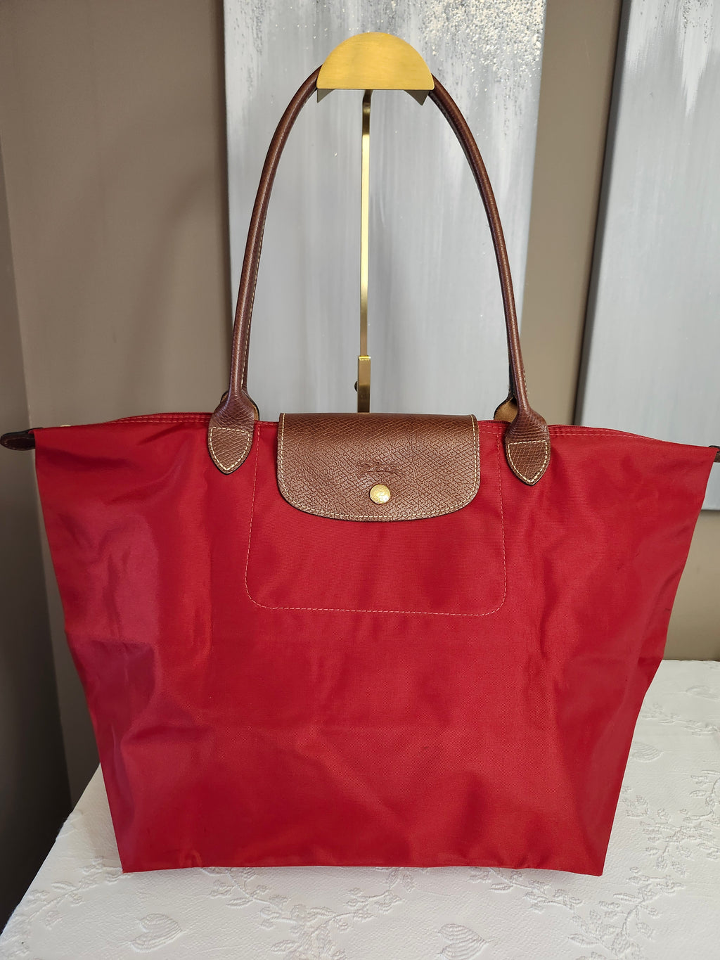 Longchamp Le Pliage "Shopping" Red Nylon and Leather Tote Bag