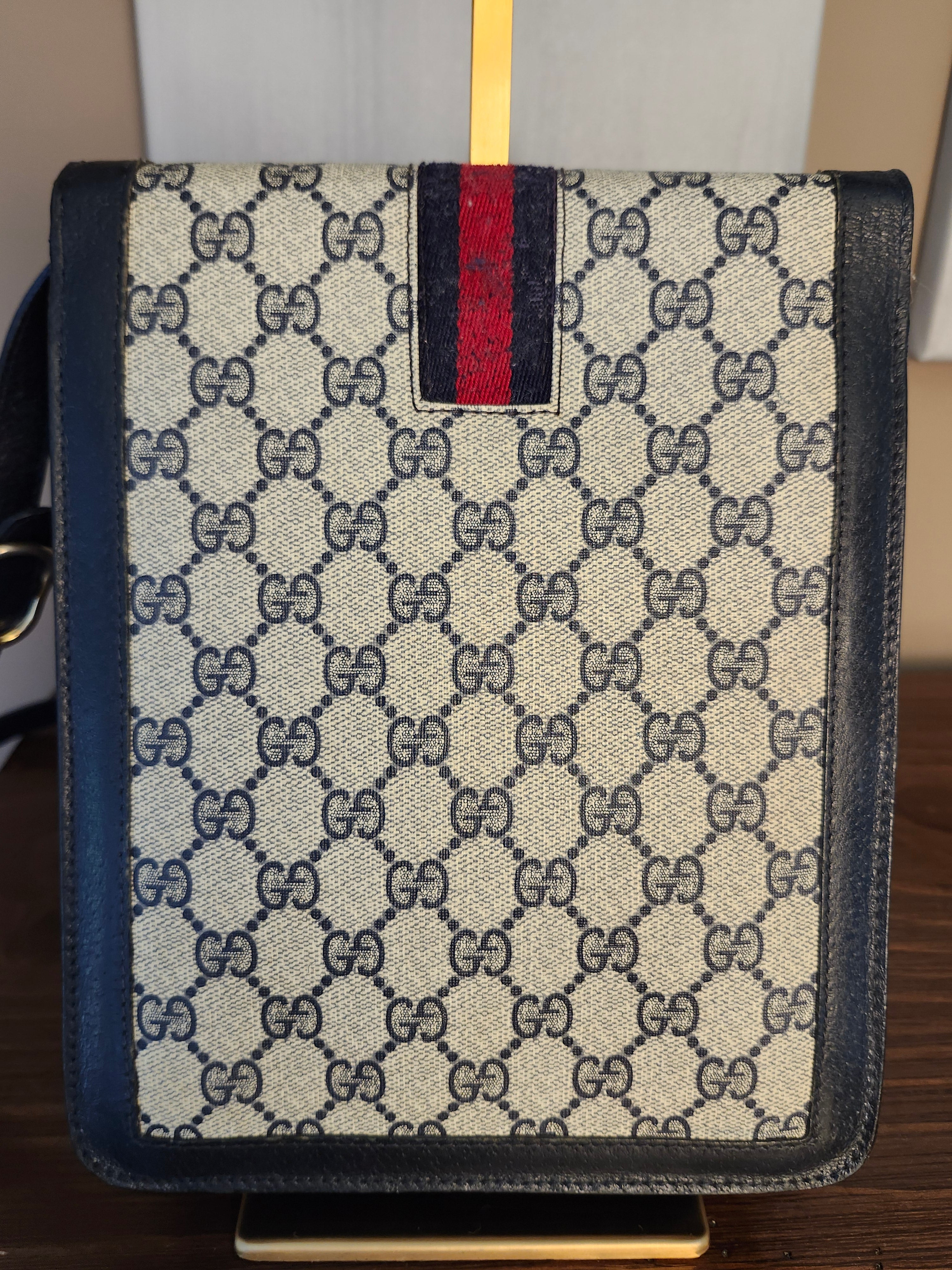 Gucci GG Supreme Sherry Line Stripe Shoulder Bag in Navy Gray, Gold and Red