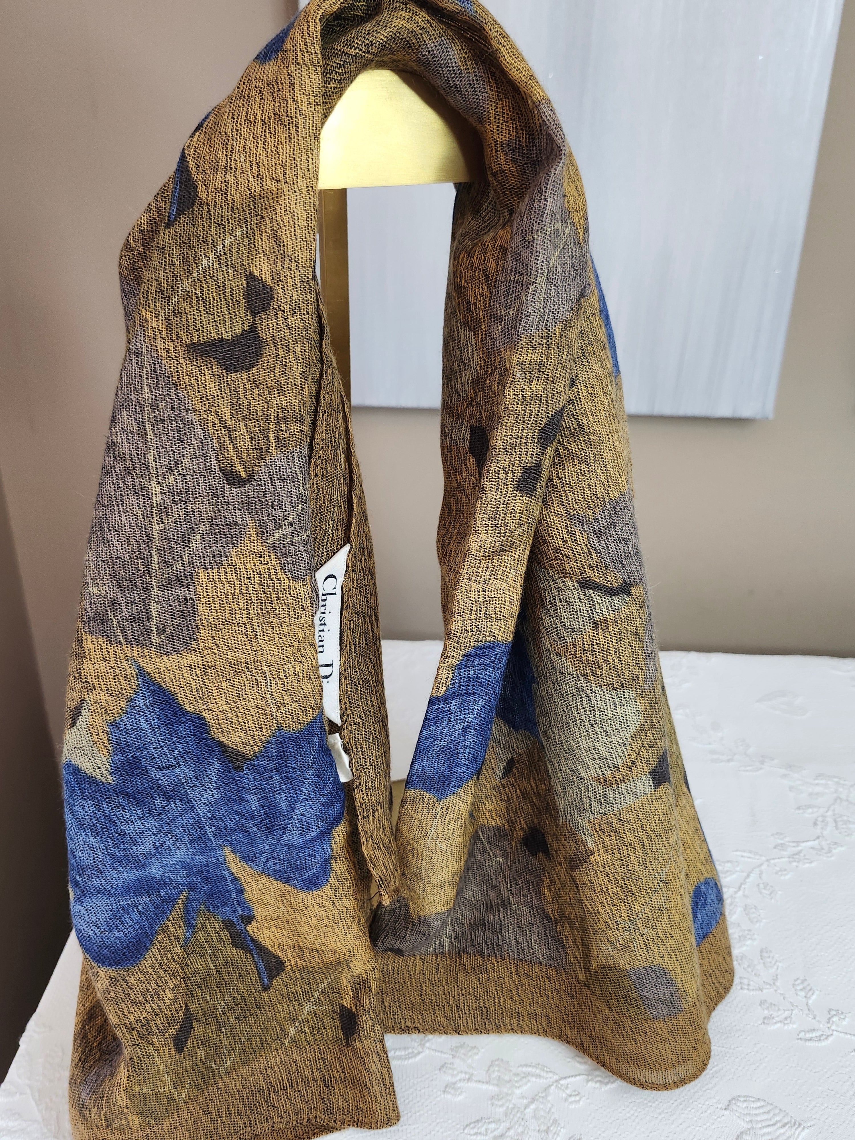 Christian Dior Leaves Sports Scarf in Beige, Blue and Brown