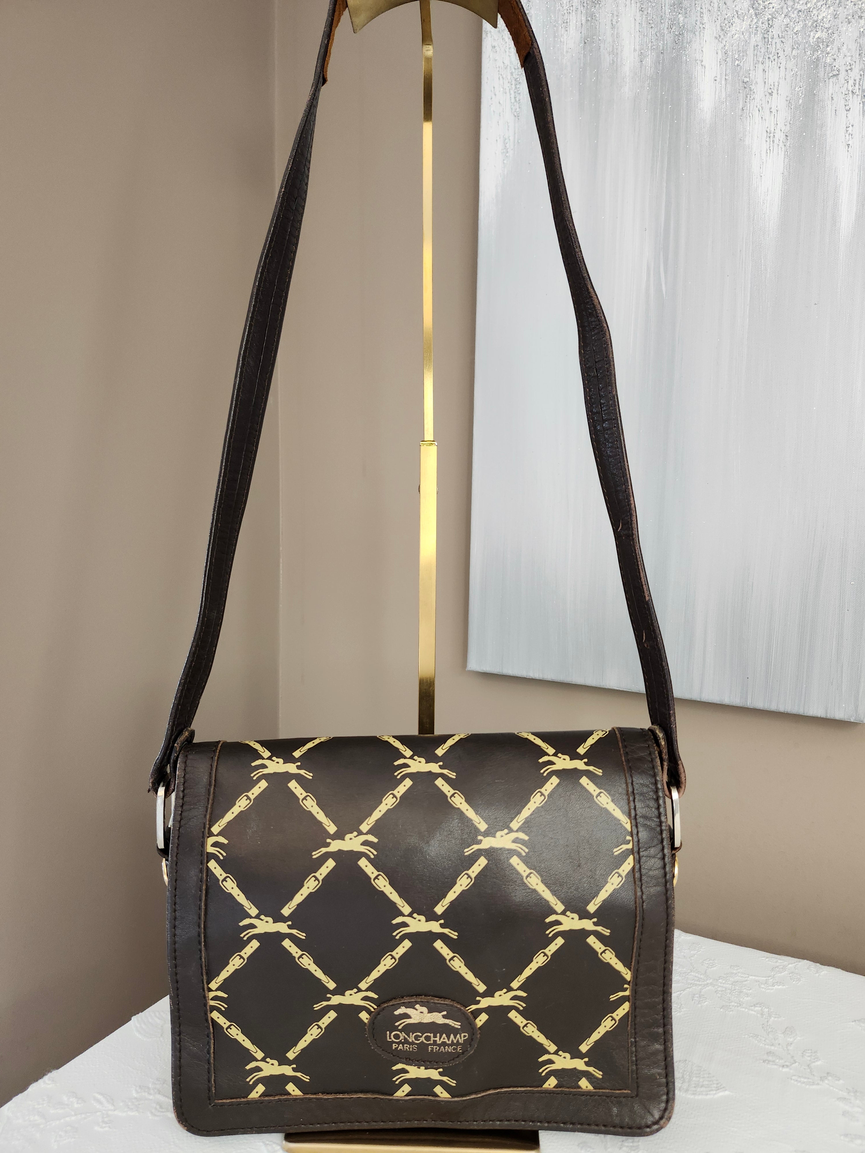 Longchamp Vintage Brown Leather Horse Bit Pattern Shoulder Bag