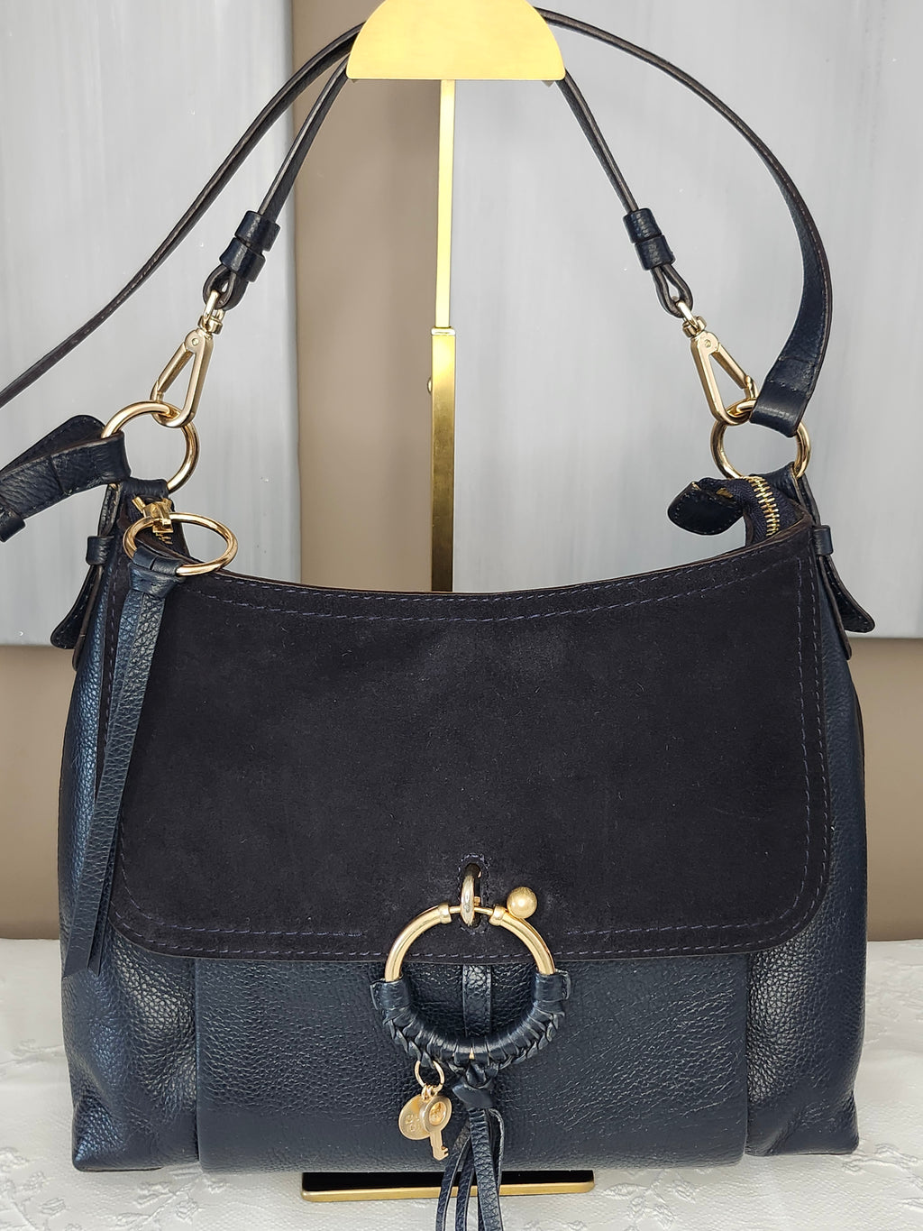 SEE BY CHLOE Joan Suede and Textured Leather 2 Way Bag In Black
