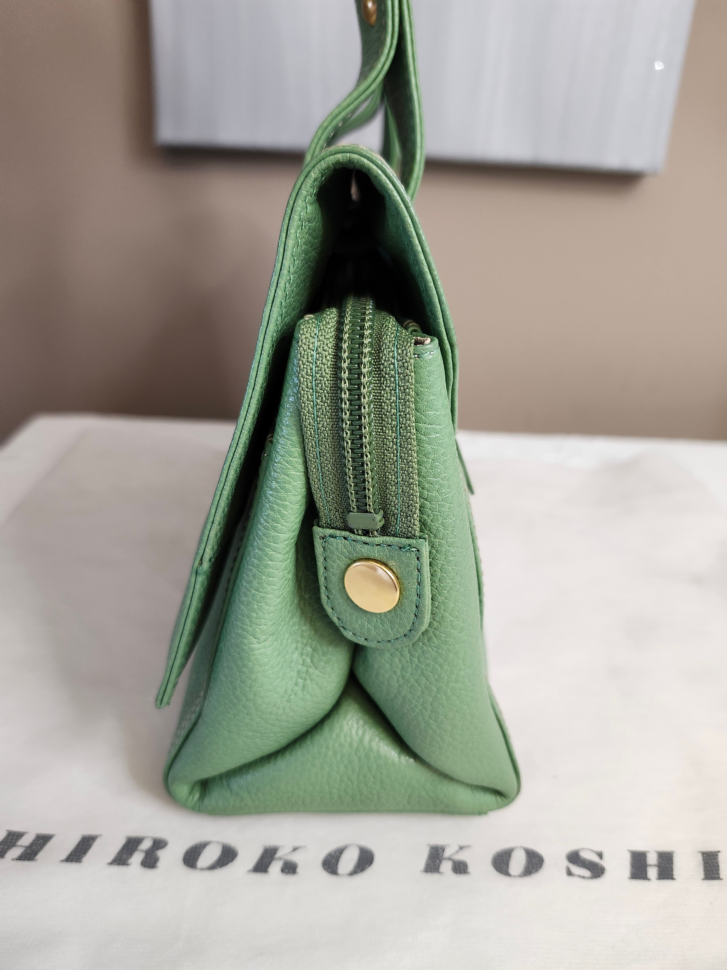 Hiroko Koshino Green Leather Handbag with Gold Hardware