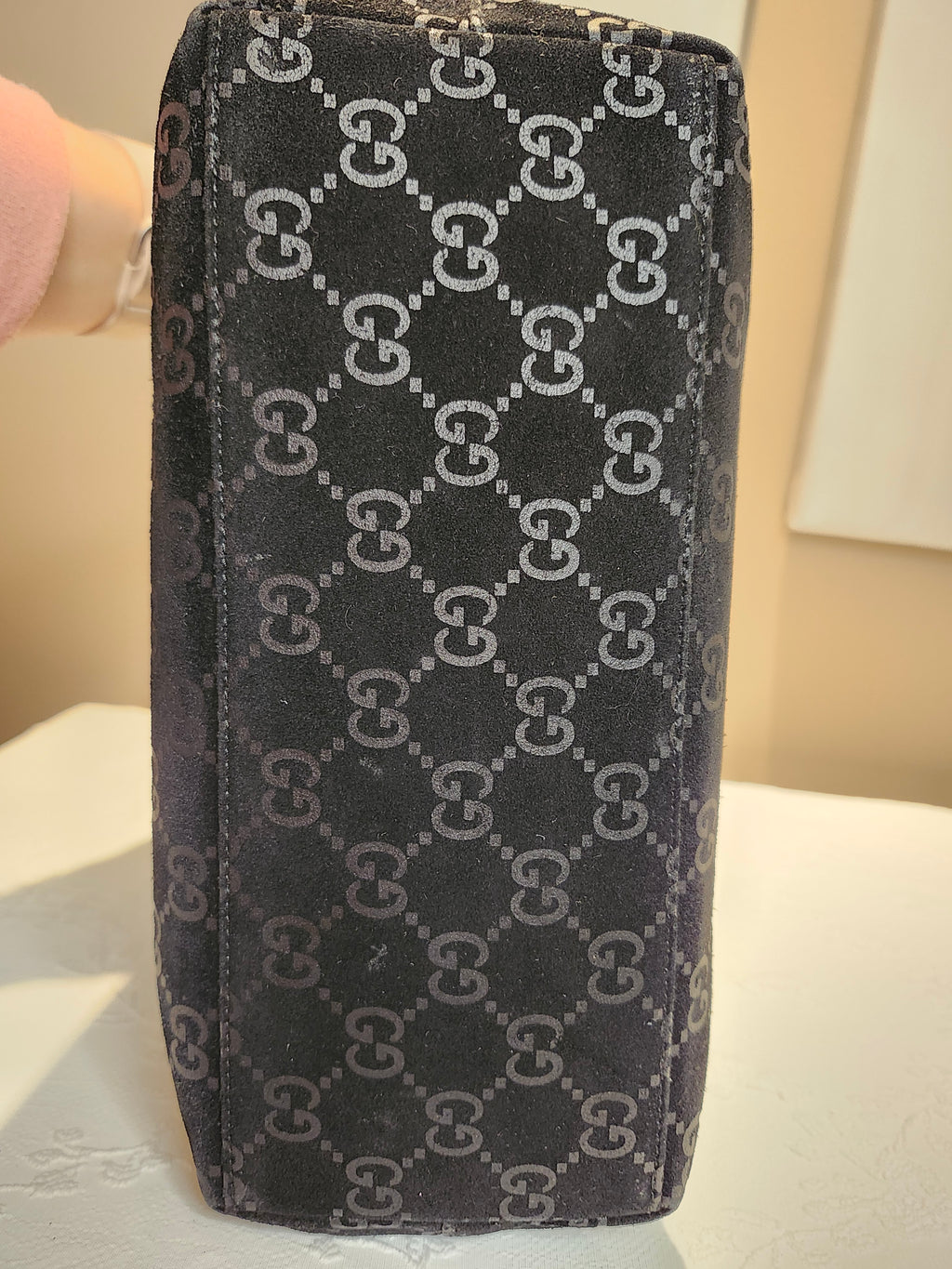 Gucci Black GG Monogram Suede Bamboo Top Handle