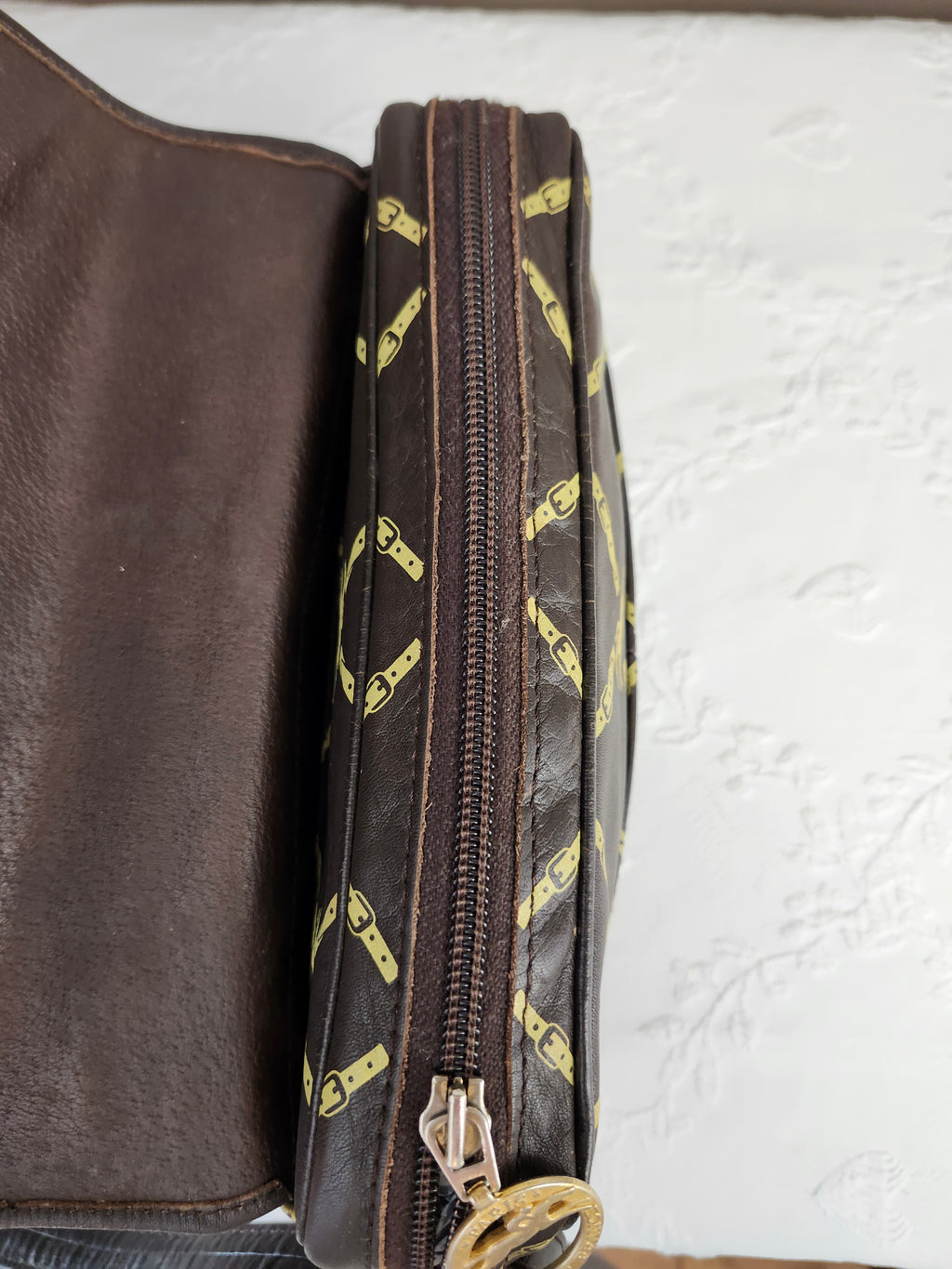 Longchamp Vintage Brown Leather Horse Bit Pattern Shoulder Bag