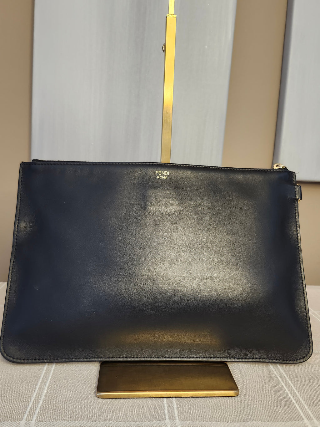 Fendi Black Leather Monster Clutch with Gold Accents