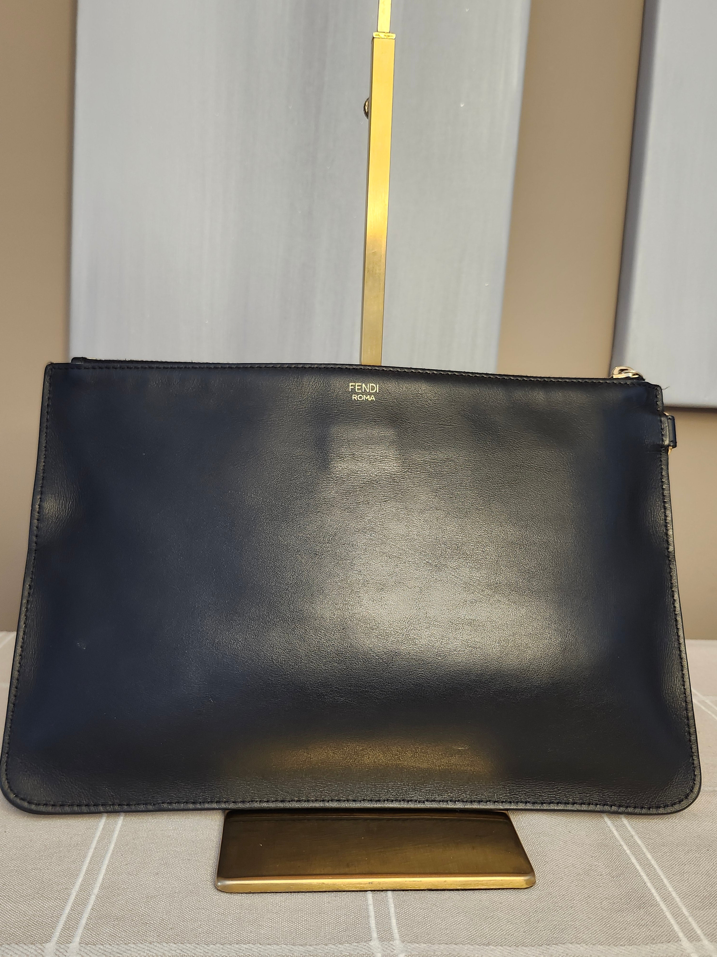 Fendi Black Leather Monster Clutch with Gold Accents