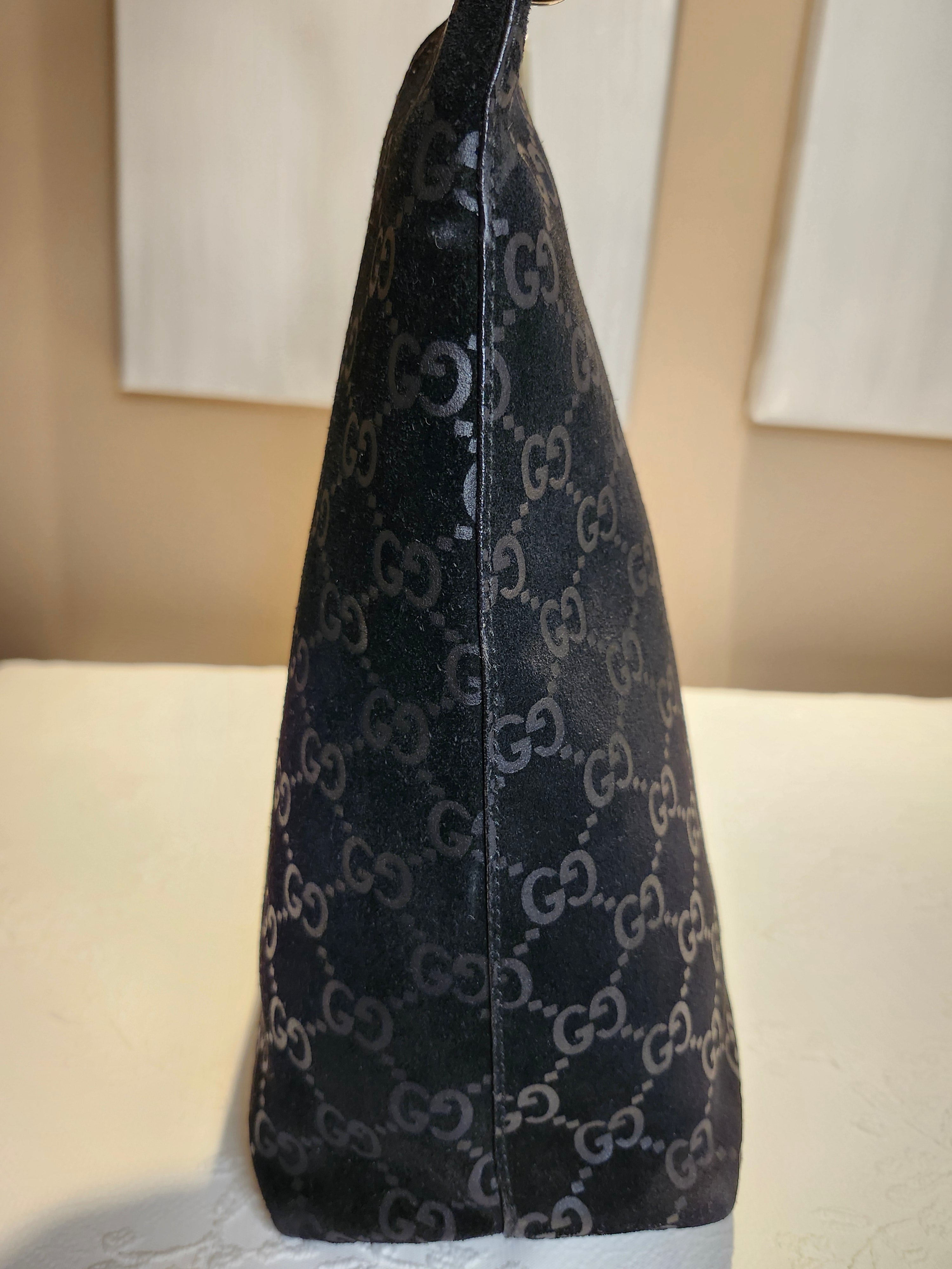 Gucci Black GG Monogram Suede Bamboo Top Handle