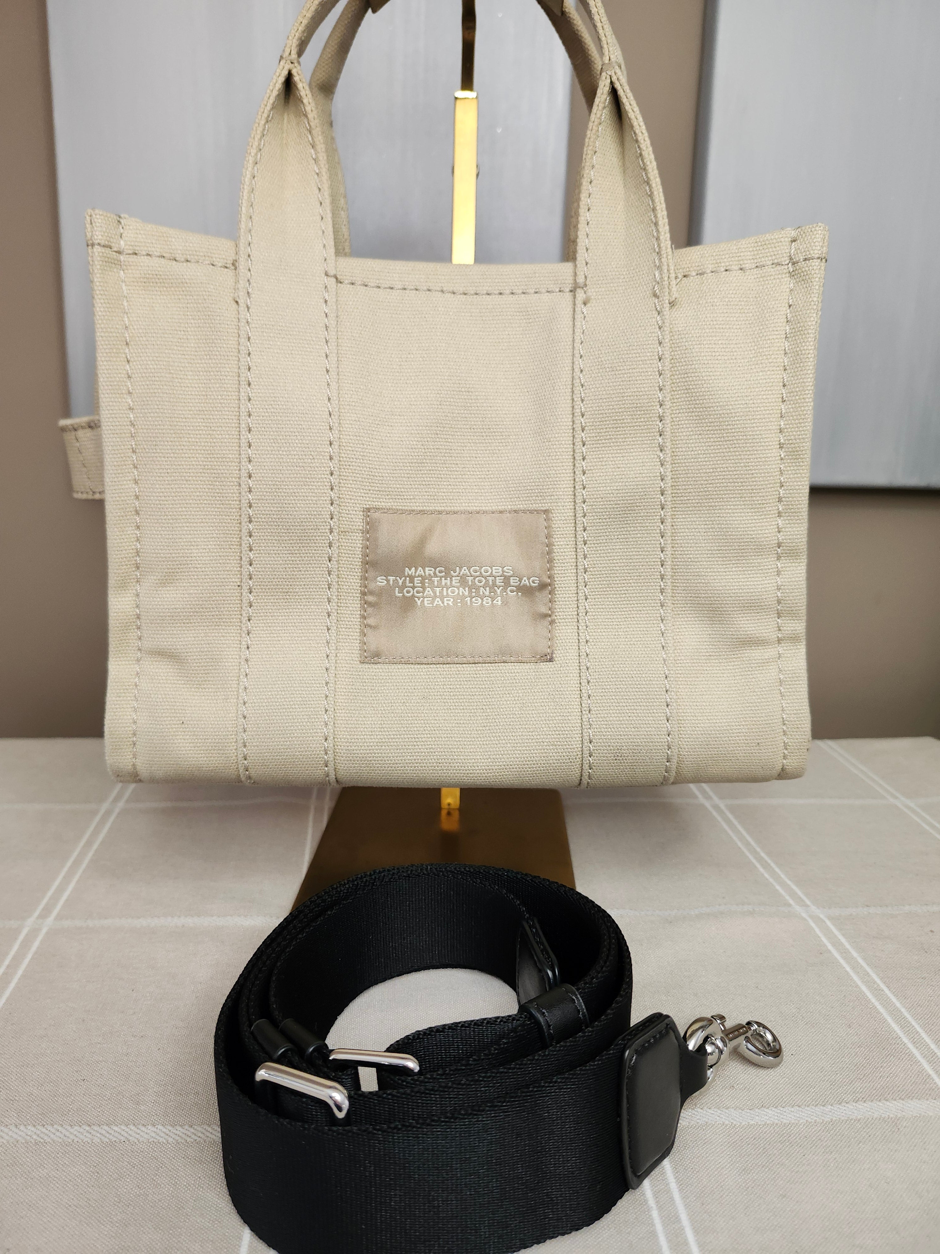 Marc Jacob's The Tote Bag Canvas Tote in Beige Canvas with Black Strap
