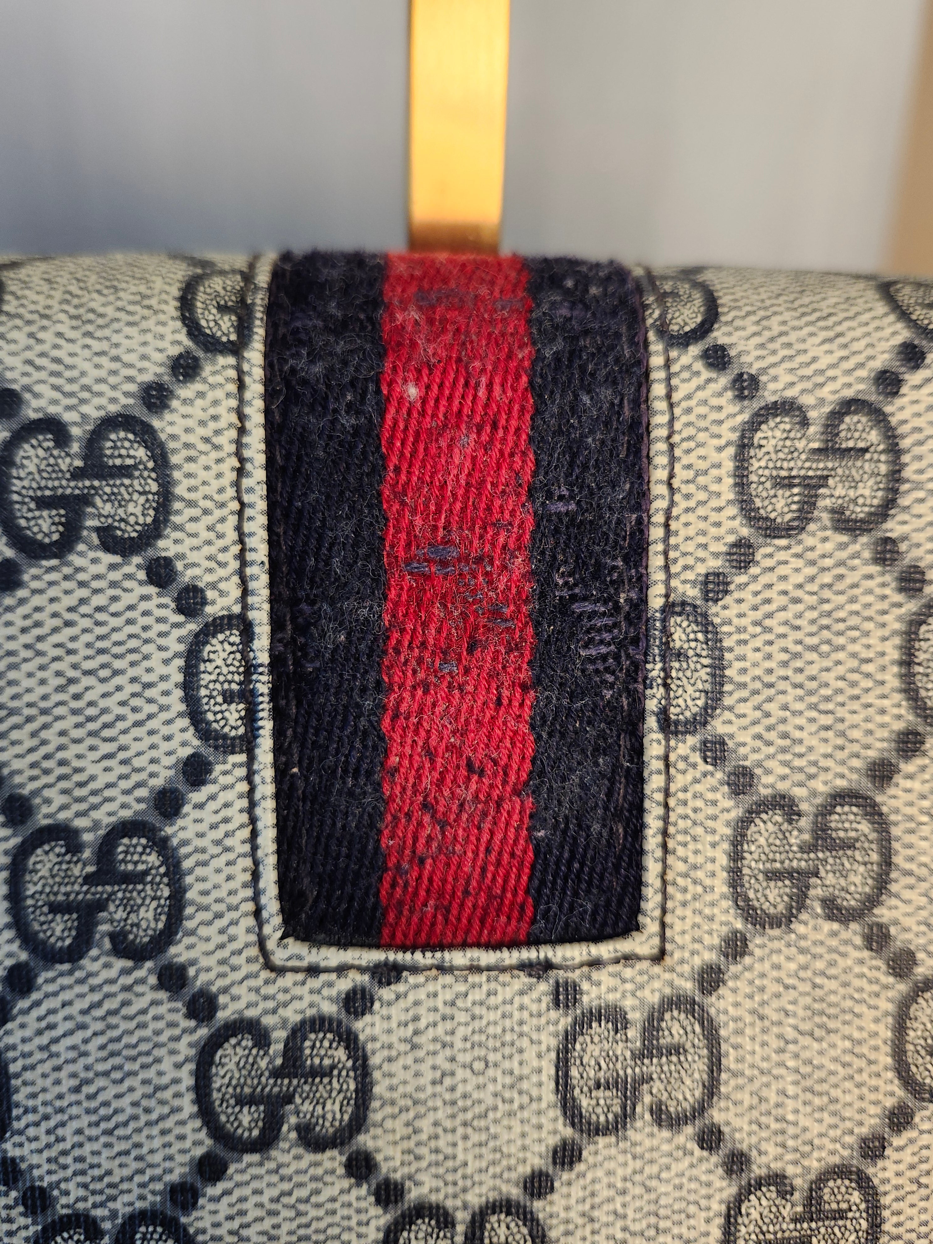 Gucci GG Supreme Sherry Line Stripe Shoulder Bag in Navy Gray, Gold and Red