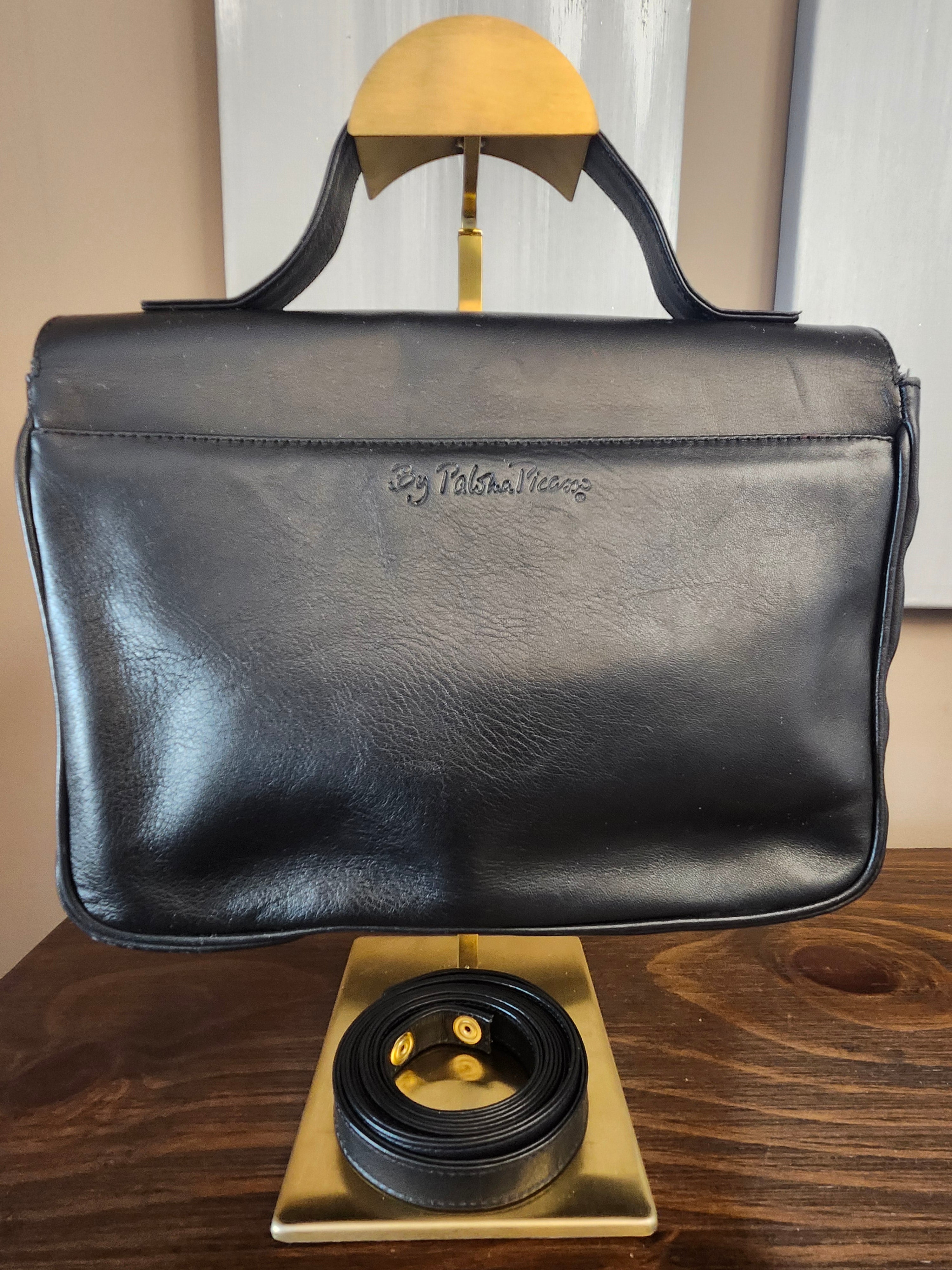Paloma Picasso By Tiffany Black Leather 2 Way Hand Shoulder Bag with Gold Accent