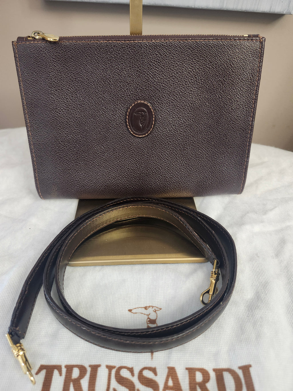 Trussardi Vintage Two Way Brown Leather Women's Bag With Pochette And Dustbag