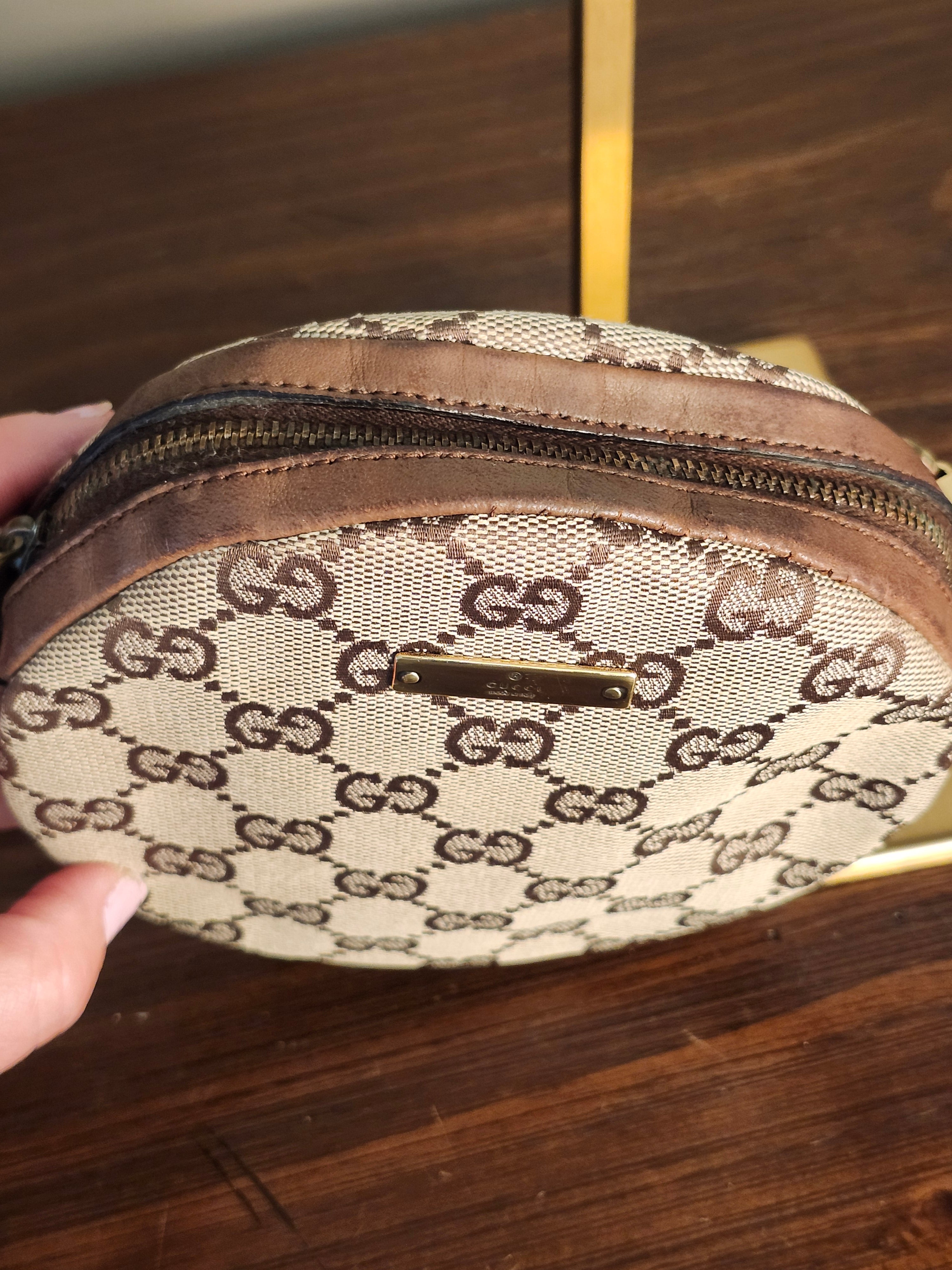 Gucci Bree Beige and Brown GG Canvas and Leather Round Circle Crossbody Bag