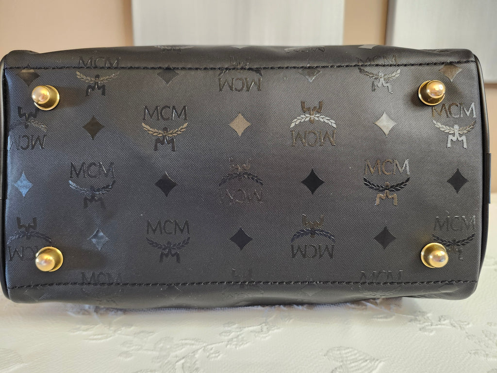 MCM Visetos Monogram Black Boston Bag with Gold Hardware Lock and Keys Included