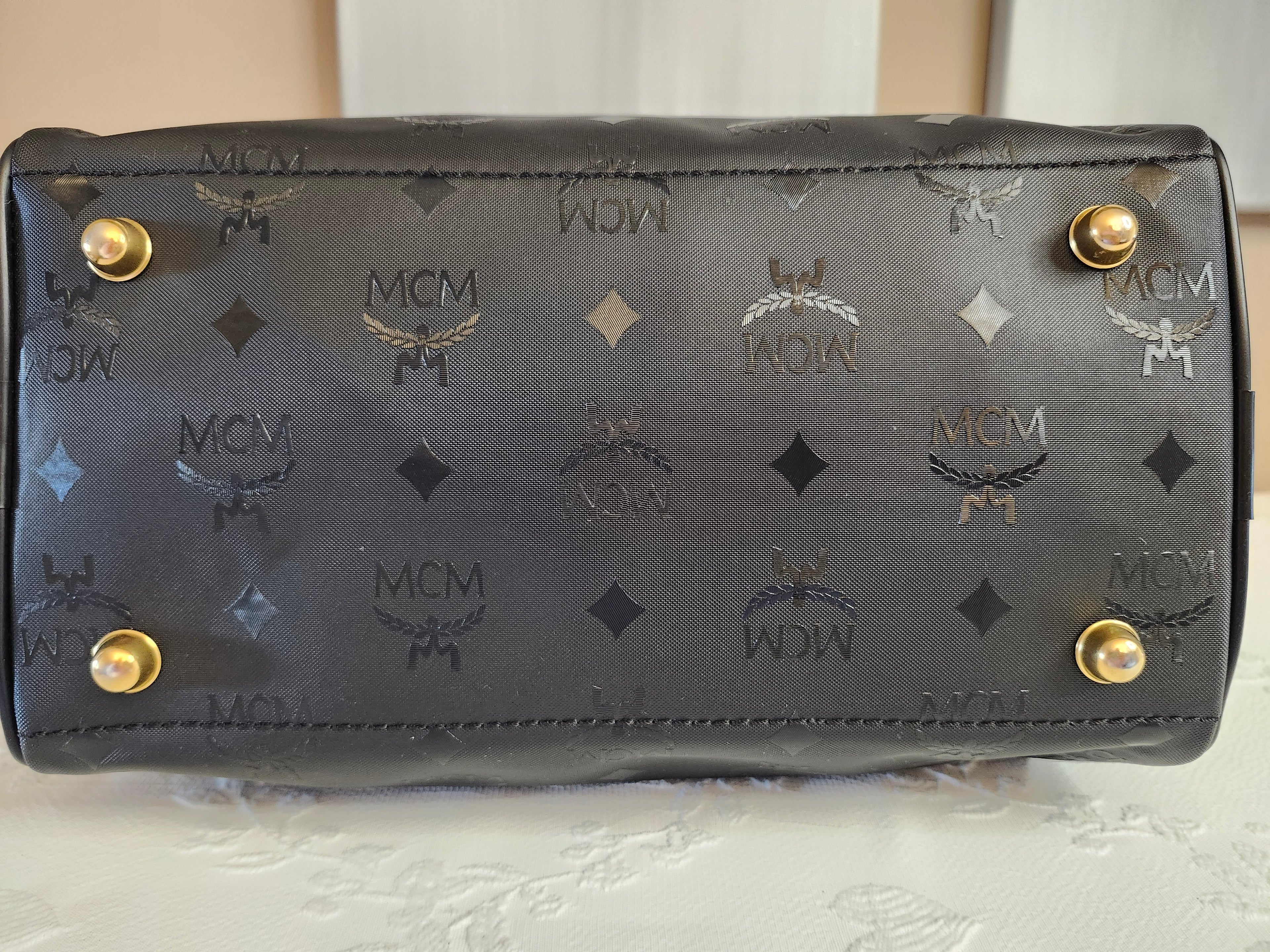 MCM Visetos Monogram Black Boston Bag with Gold Hardware Lock and Keys Included