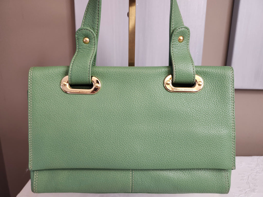 Hiroko Koshino Green Leather Handbag with Gold Hardware