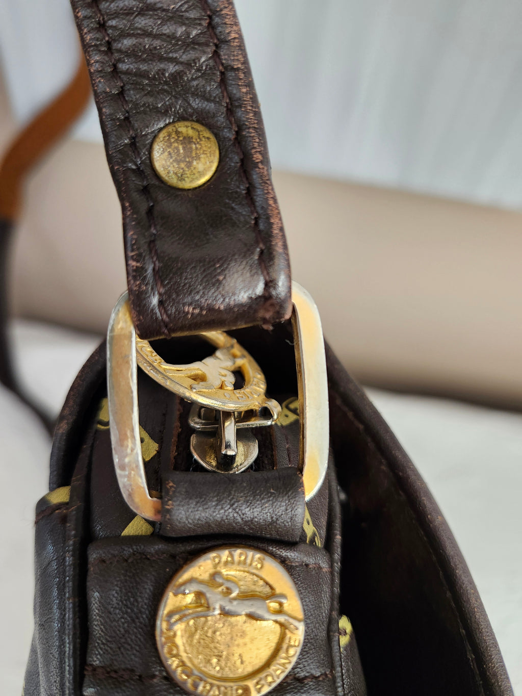 Longchamp Vintage Brown Leather Horse Bit Pattern Shoulder Bag