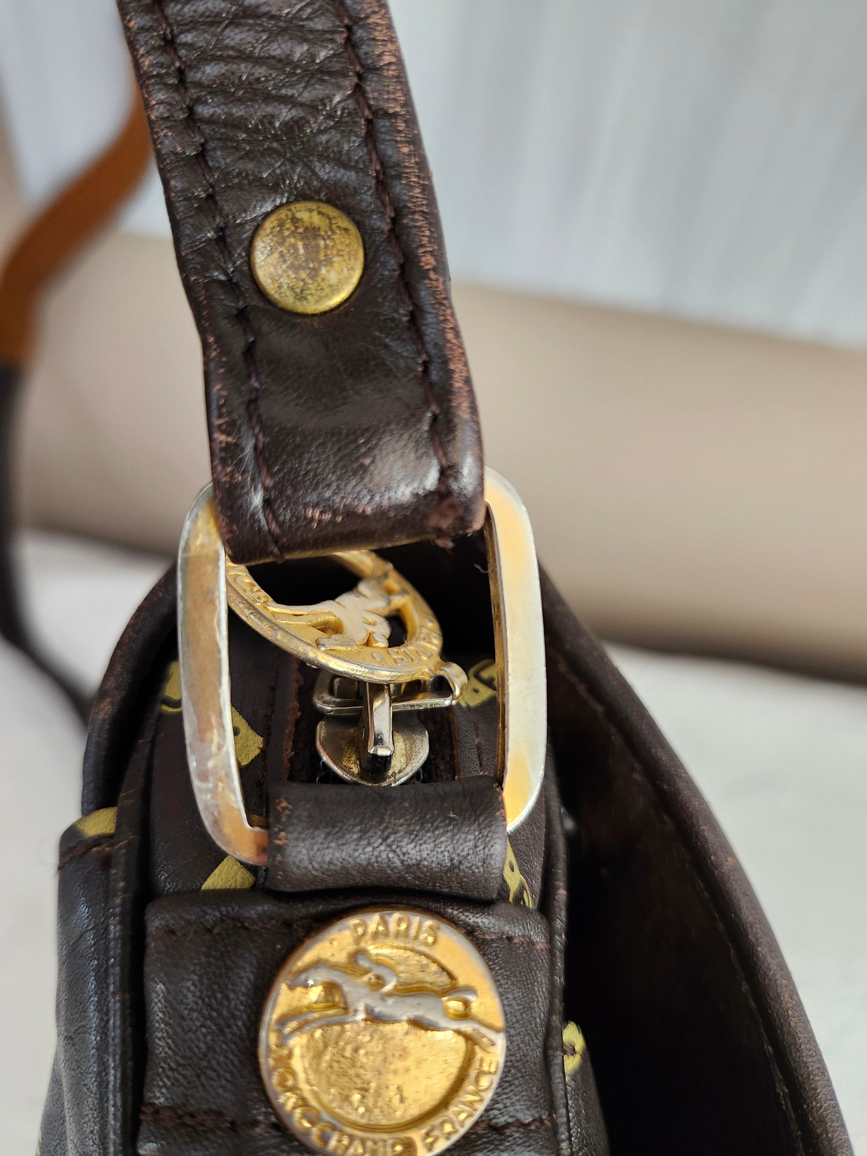 Longchamp Vintage Brown Leather Horse Bit Pattern Shoulder Bag