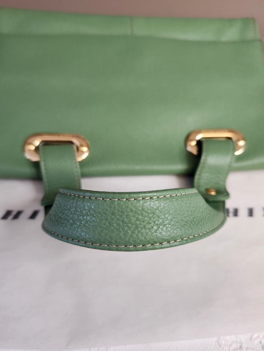 Hiroko Koshino Green Leather Handbag with Gold Hardware