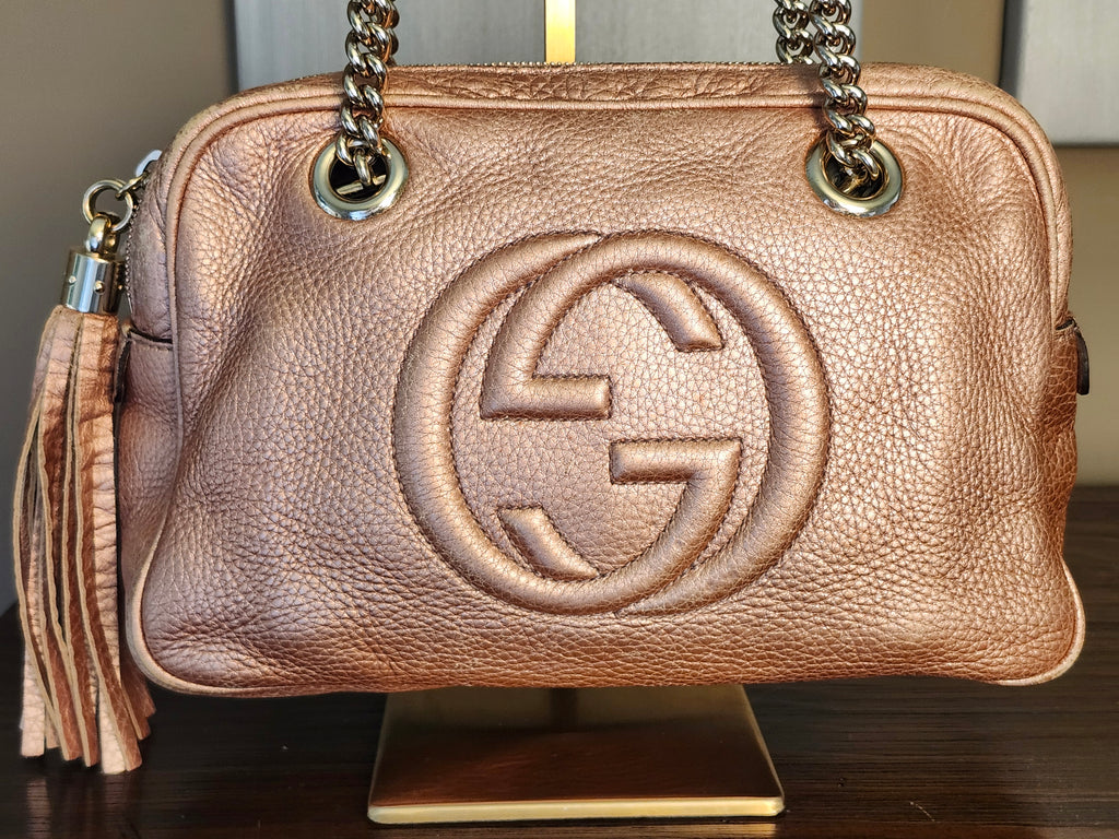 Gucci Soho Chain Shoulder Bag in Metallic Pink Pebbled Leather