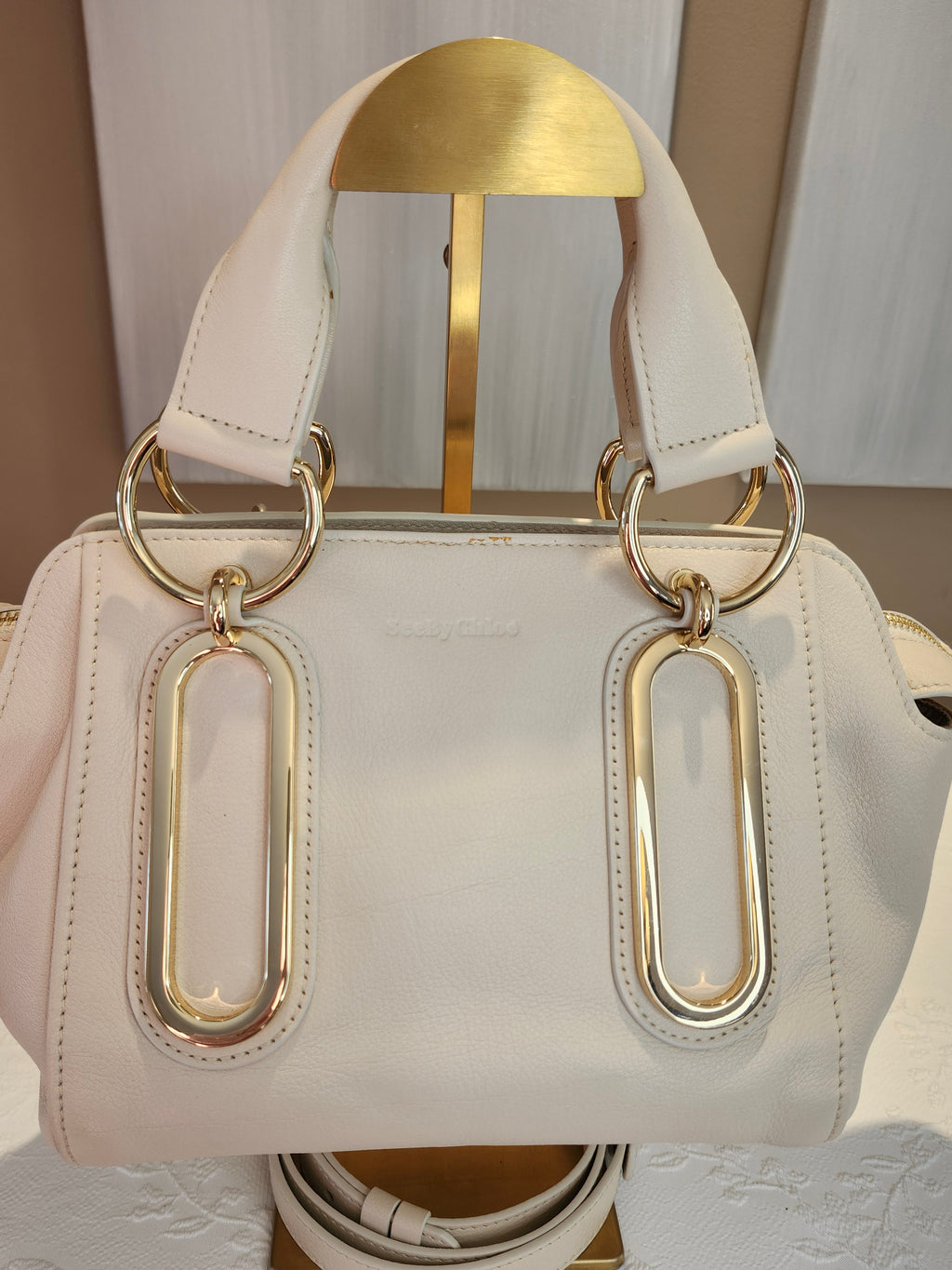 See by Chloé Paige Mini Leather 2-way Convertible Hand Bag in Cream