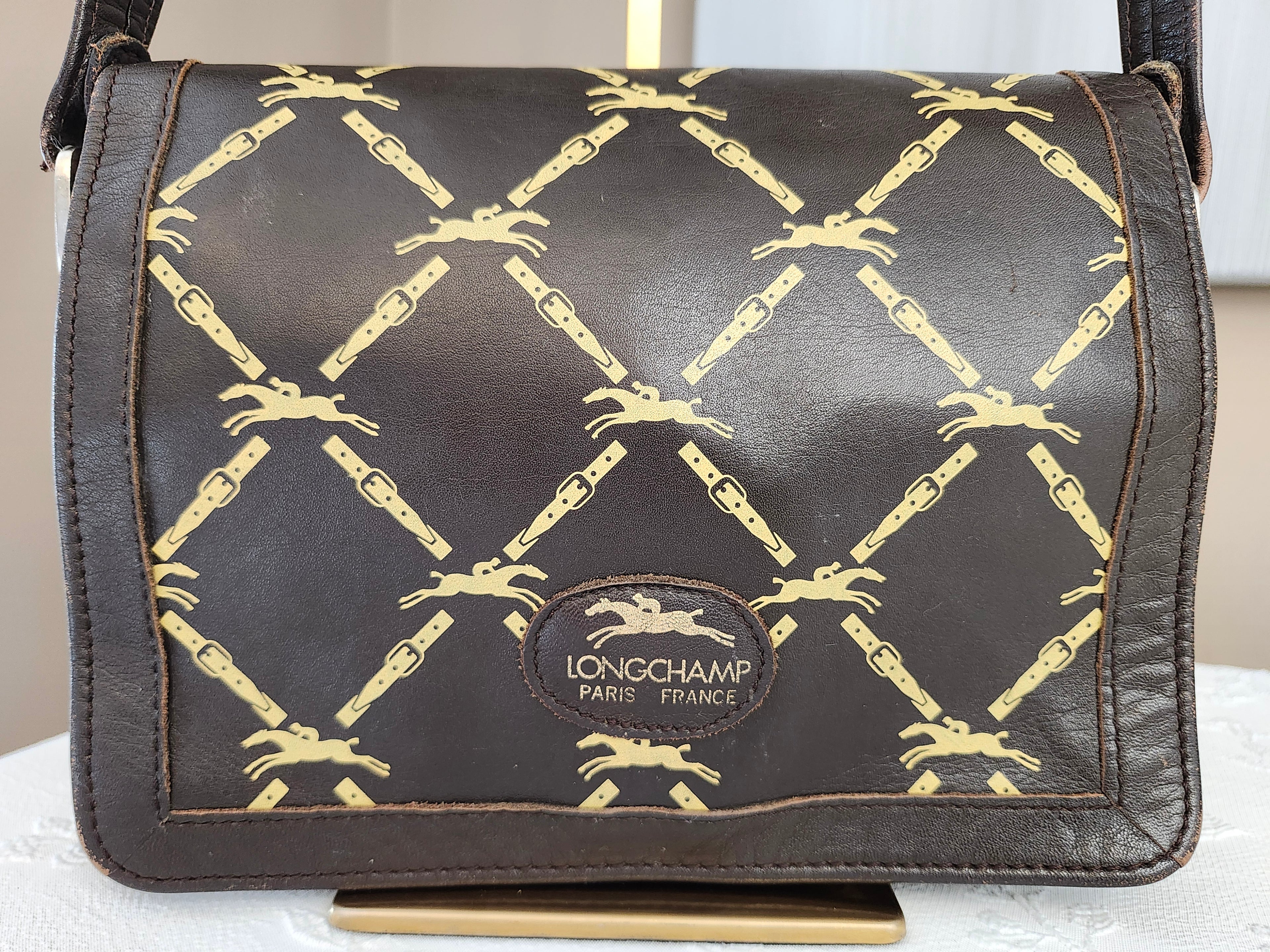 Longchamp Vintage Brown Leather Horse Bit Pattern Shoulder Bag