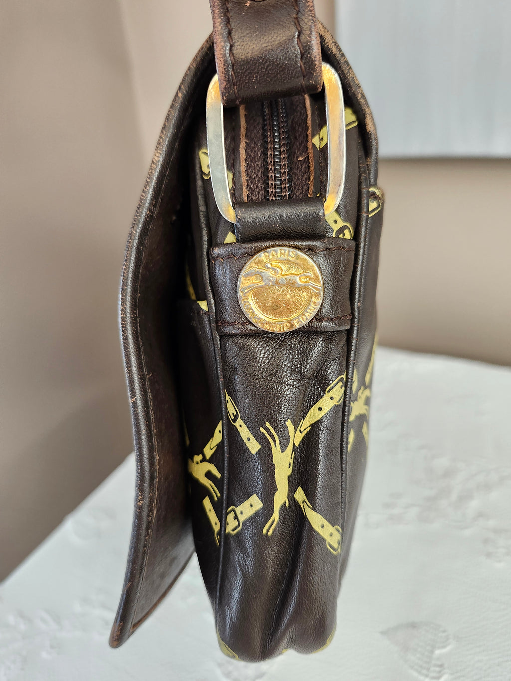 Longchamp Vintage Brown Leather Horse Bit Pattern Shoulder Bag