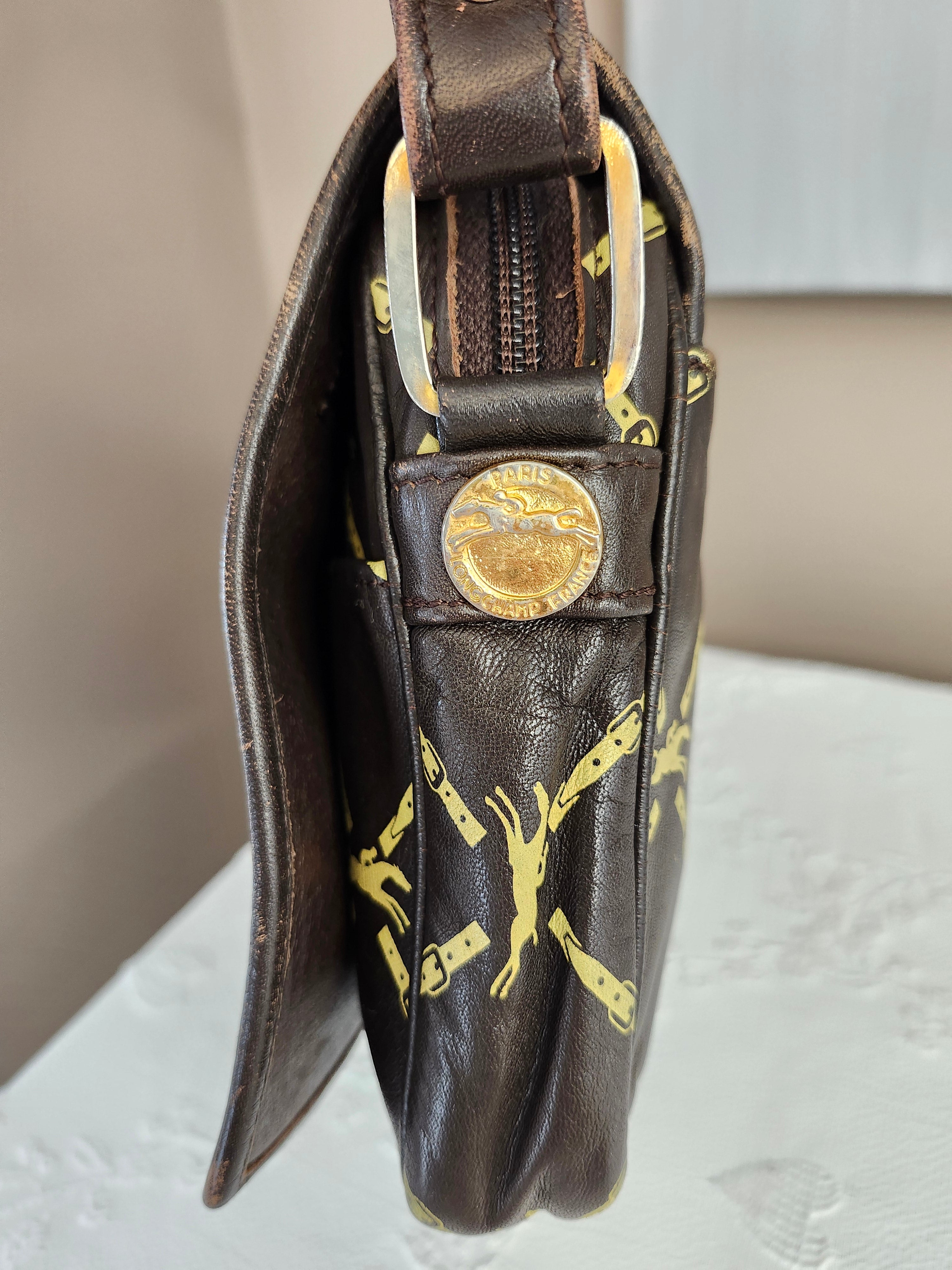 Longchamp Vintage Brown Leather Horse Bit Pattern Shoulder Bag