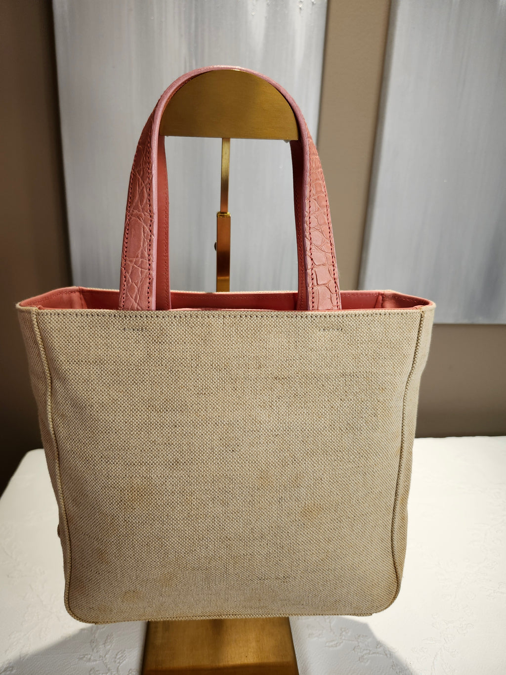 Prada Canvas Beige and Coral Small Tote Bag